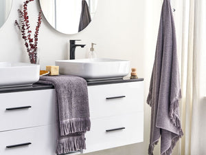 Set di 2 asciugamani bagno in spugna di cotone grigio con nappe decorative