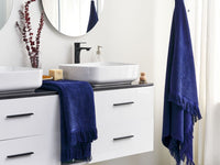 Set di 2 asciugamani bagno in spugna di cotone blu marino con nappe decorative
