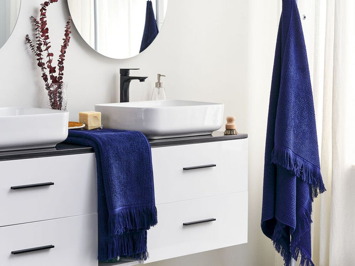 Set di 2 asciugamani bagno in spugna di cotone blu marino con nappe decorative