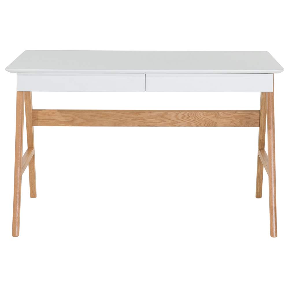 Set di mobili per ufficio, legno chiaro, MDF bianco, vetro, una scrivania, una libreria, un home office minimalista