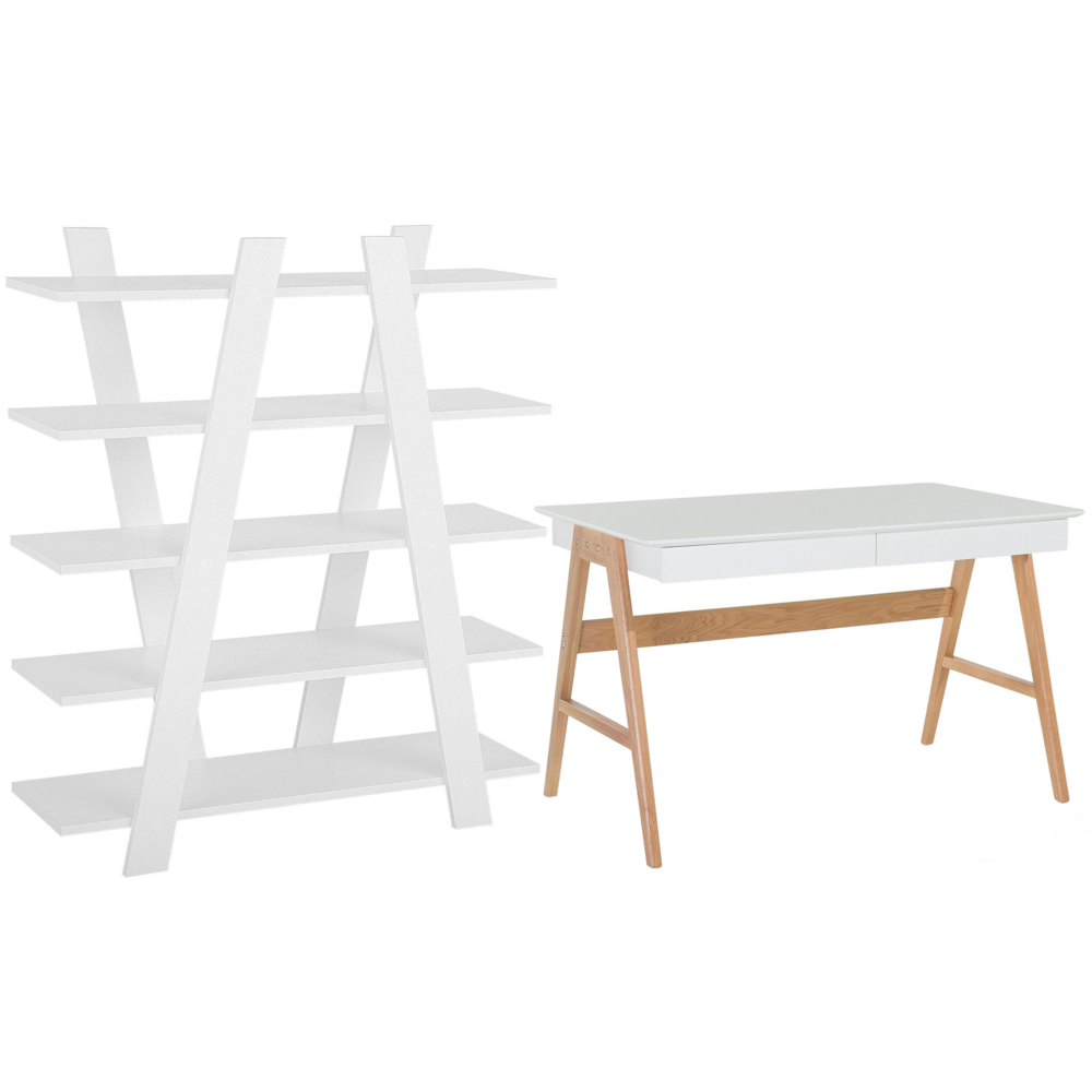 Set di mobili per ufficio, legno chiaro, MDF bianco, vetro, una scrivania, una libreria, un home office minimalista