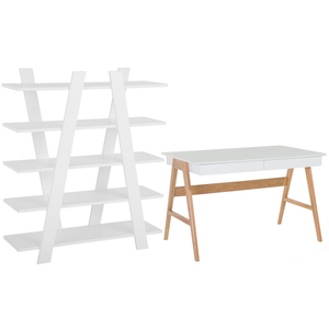 Set di mobili per ufficio, legno chiaro, MDF bianco, vetro, una scrivania, una libreria, un home office minimalista