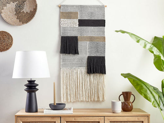Decorazione da parete cotone beige e nero fatta a mano con nappe motivo geometrico stile boho soggiorno camera da letto
