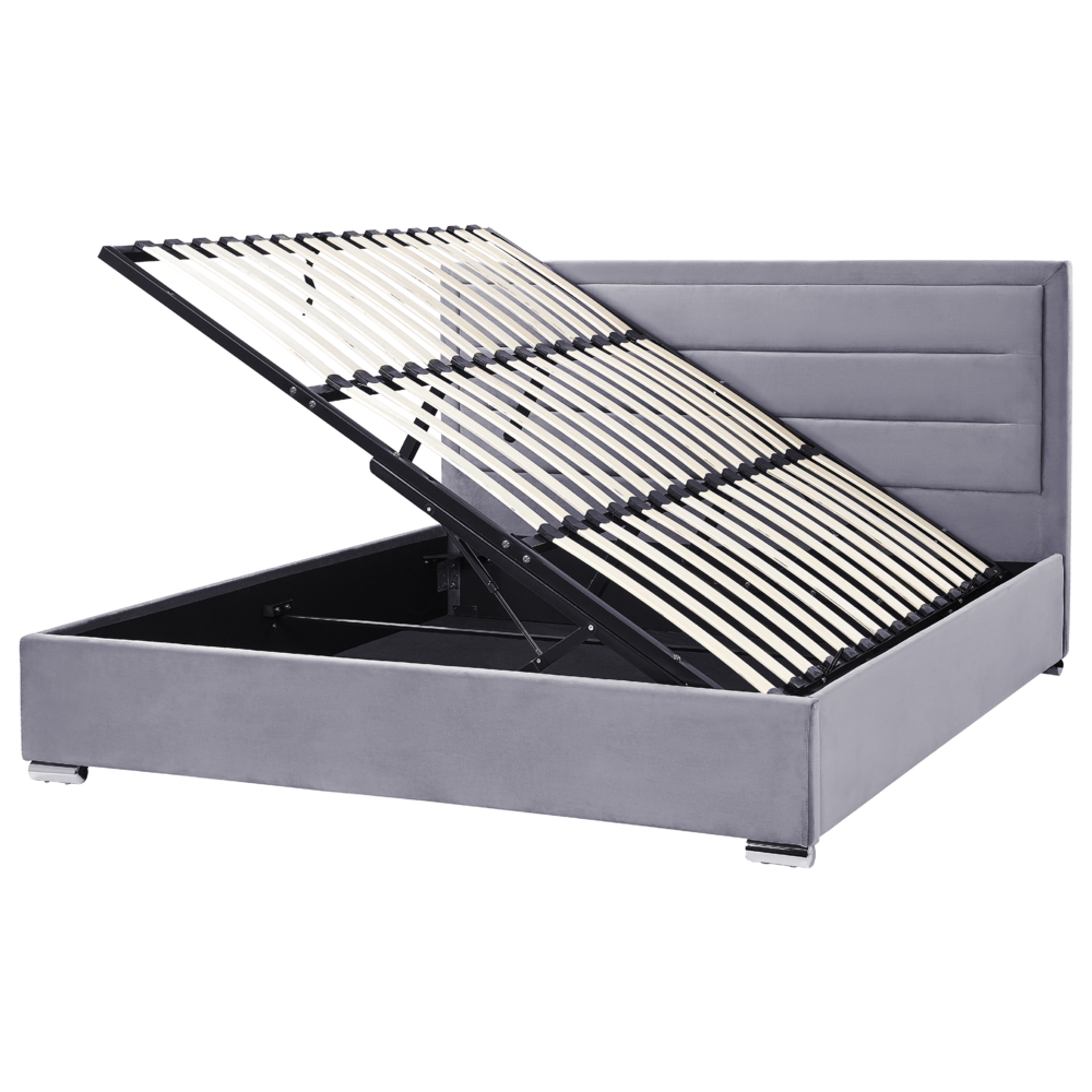 Letto matrimoniale in velluto con contenitore grigio scuro 180 x 200 cm design moderno imbottito con testiera ottomana