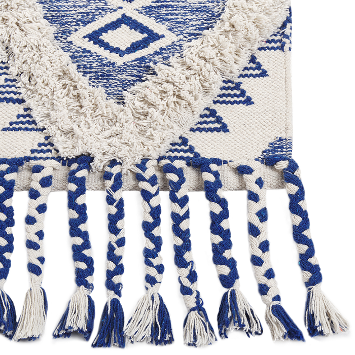 Tappeto in cotone con nappe di colore beige e blu 80 x 200 cm soggiorno camera da letto