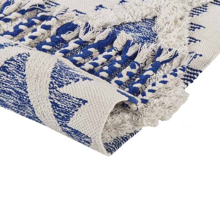 Tappeto in cotone con nappe di colore beige e blu 80 x 200 cm soggiorno camera da letto