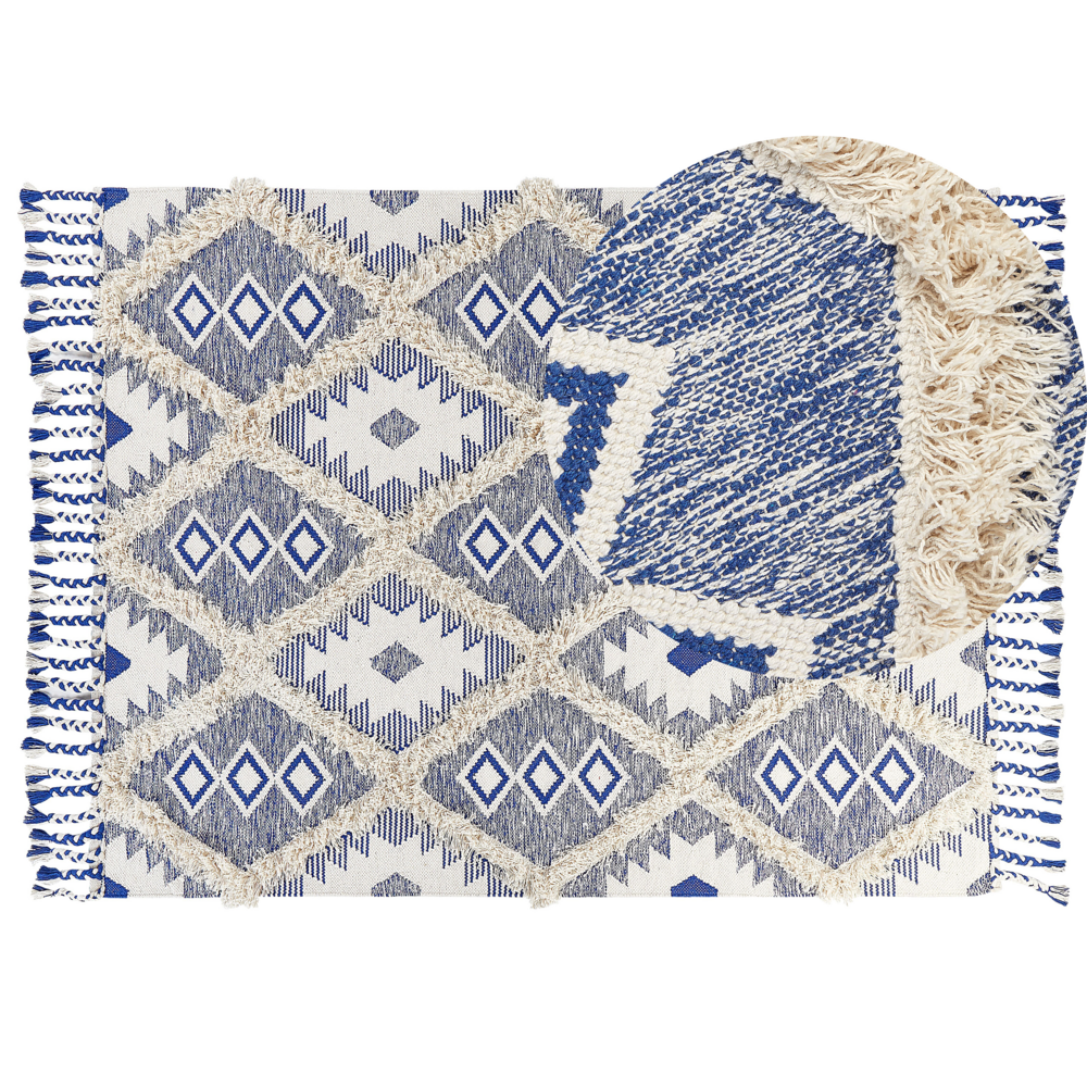 Tappeto in cotone con nappe di colore beige e blu 140 x 200 cm soggiorno camera da letto