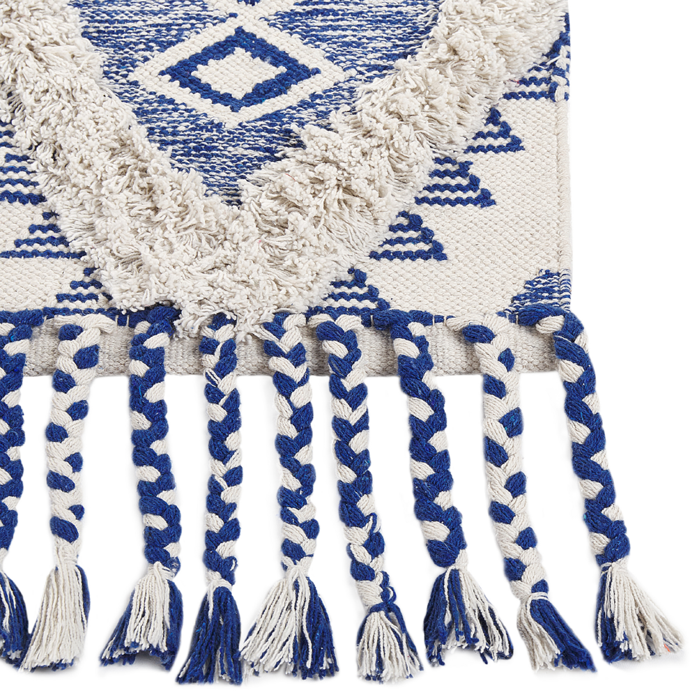 Tappeto in cotone con nappe di colore beige e blu 140 x 200 cm soggiorno camera da letto