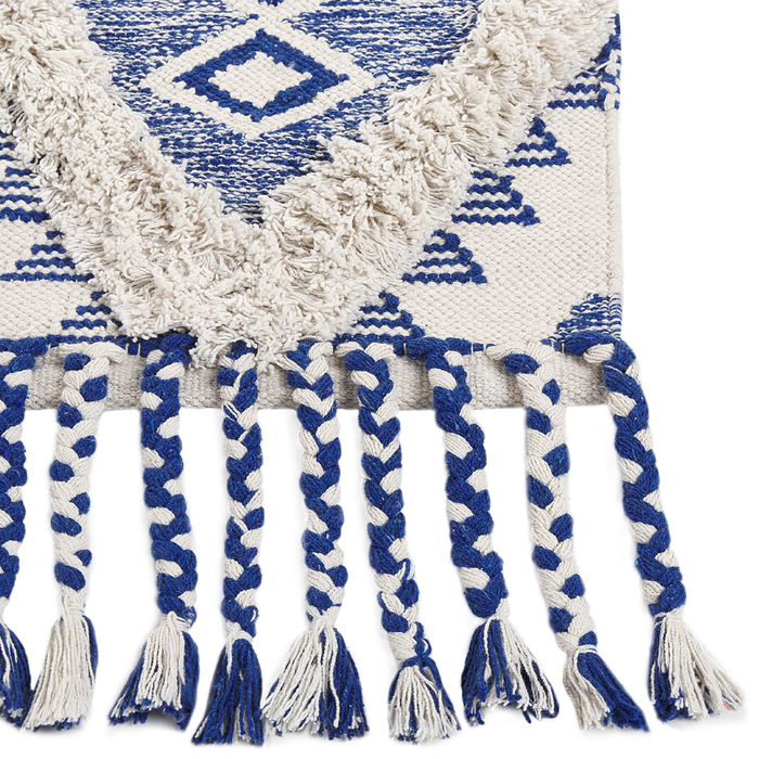 Tappeto in cotone con nappe di colore beige e blu 140 x 200 cm soggiorno camera da letto