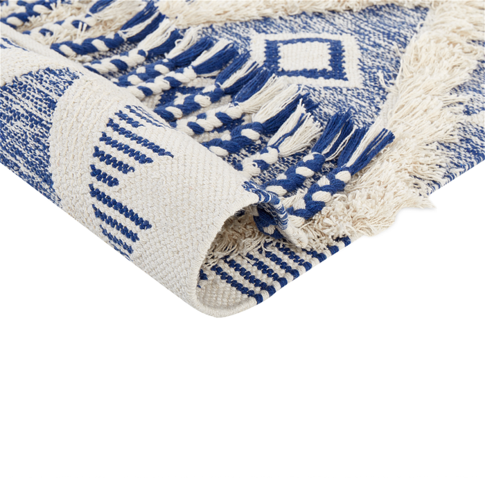 Tappeto in cotone con nappe di colore beige e blu 140 x 200 cm soggiorno camera da letto