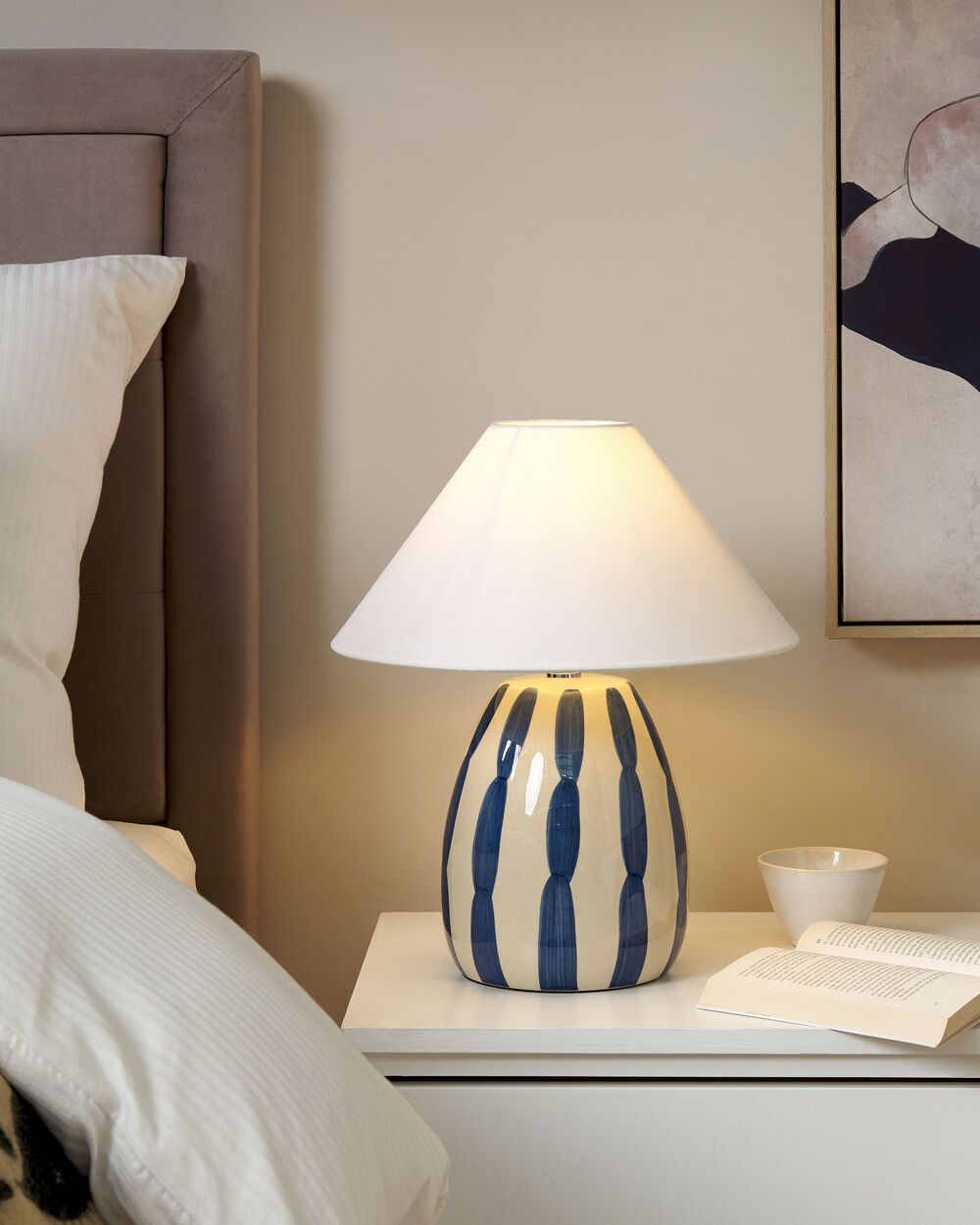 Lampada da tavolo in ceramica beige e blu paralume bianco 41 cm camera da letto soggiorno