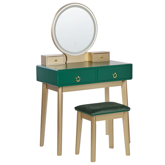 Toeletta in legno MDF e poliestere verde e dorata con sgabello e specchio LED camera da letto soggiorno