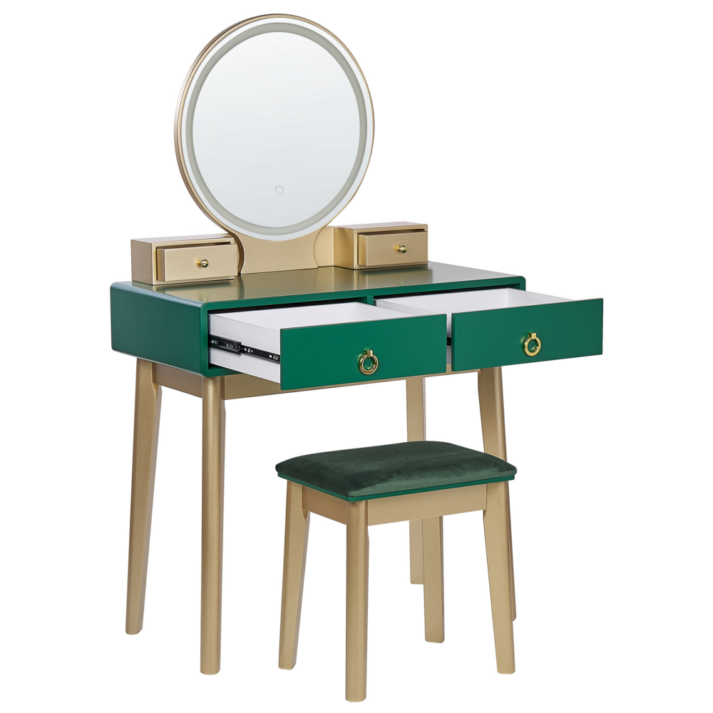 Toeletta in legno MDF e poliestere verde e dorata con sgabello e specchio LED camera da letto soggiorno