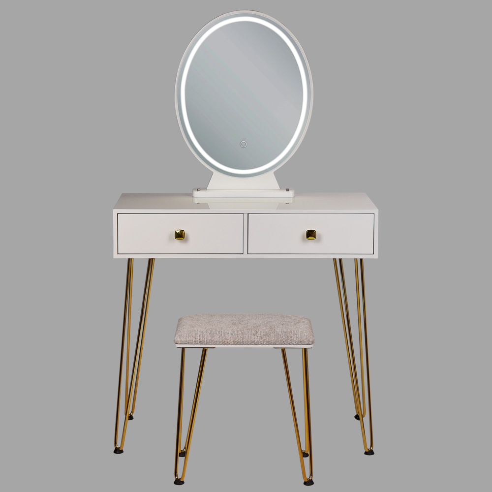 Toeletta con 2 cassetti specchio LED bianco e oro e sgabello camera da letto elegante