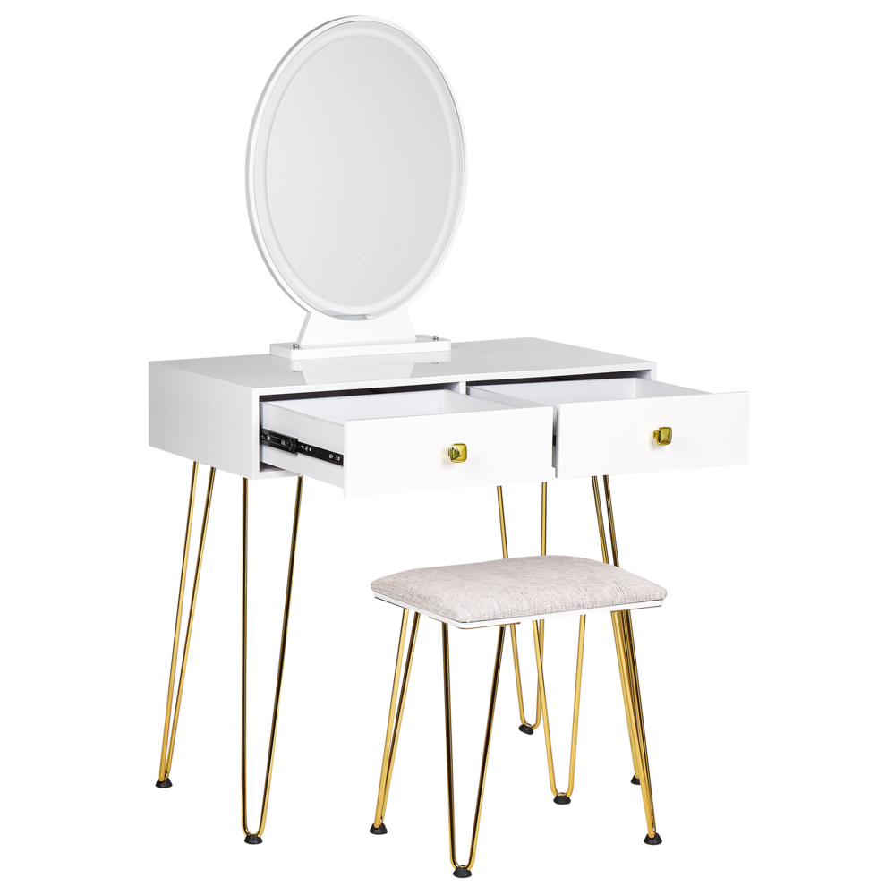 Toeletta con 2 cassetti specchio LED bianco e oro e sgabello camera da letto elegante