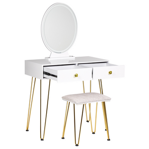Toeletta con 2 cassetti specchio LED bianco e oro e sgabello camera da letto elegante