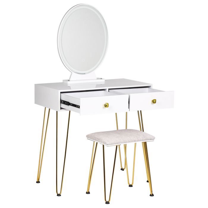 Toeletta con 2 cassetti specchio LED bianco e oro e sgabello camera da letto elegante