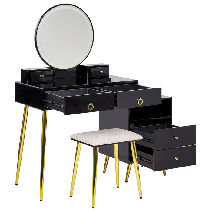 Toeletta con 6 cassetti specchio LED nero e oro e sgabello camera da letto elegante