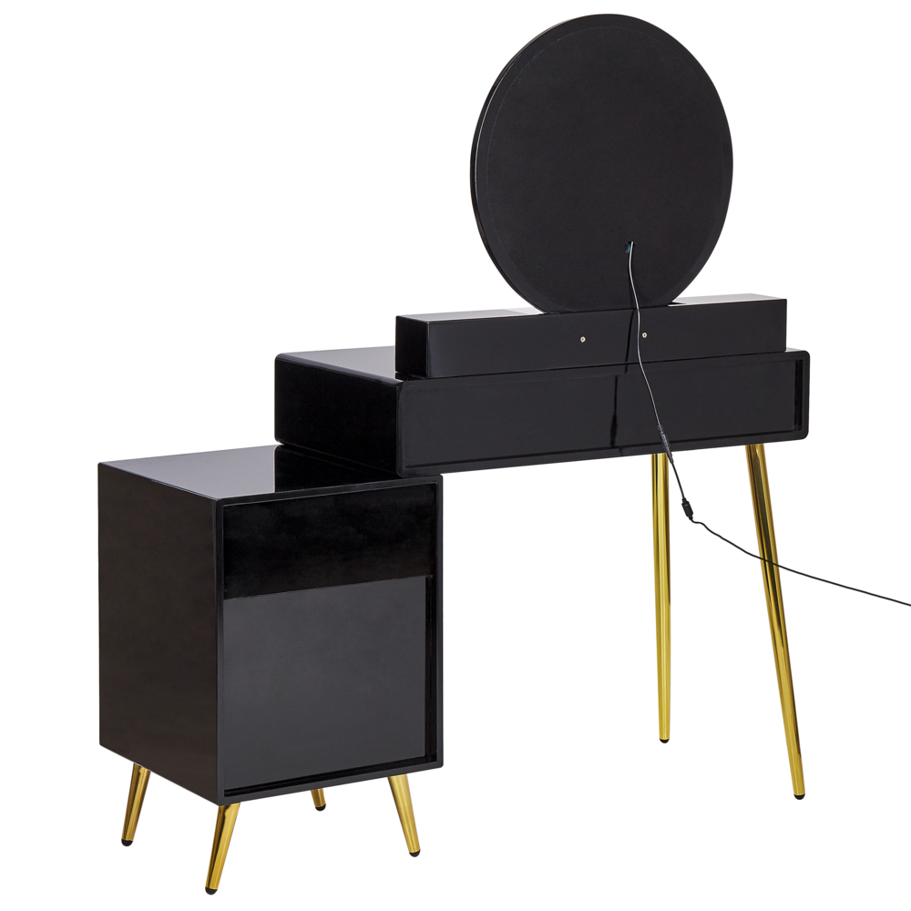 Toeletta con 6 cassetti specchio LED nero e oro e sgabello camera da letto elegante