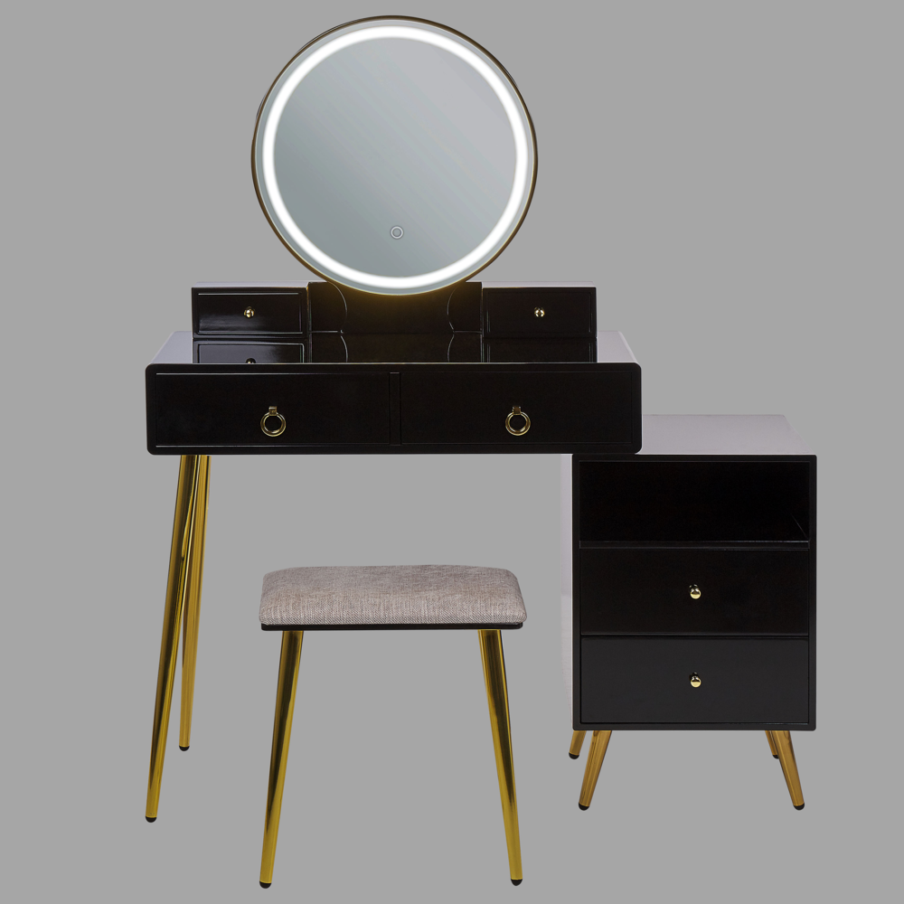 Toeletta con 6 cassetti specchio LED nero e oro e sgabello camera da letto elegante