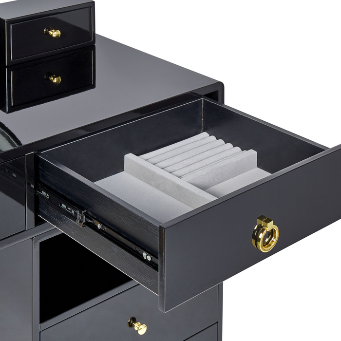 Toeletta con 6 cassetti specchio LED nero e oro e sgabello camera da letto elegante