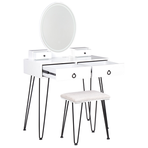 Toeletta con 4 cassetti specchio LED bianco e nero e sgabello camera da letto elegante