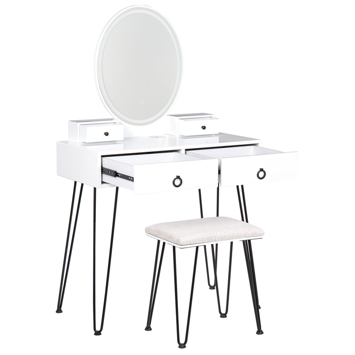 Toeletta con 4 cassetti specchio LED bianco e nero e sgabello camera da letto elegante