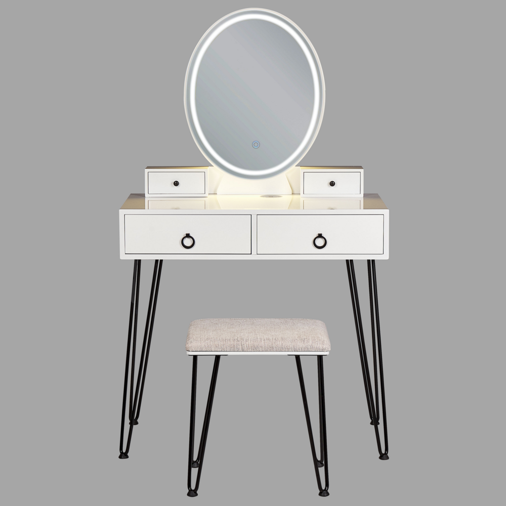 Toeletta con 4 cassetti specchio LED bianco e nero e sgabello camera da letto elegante