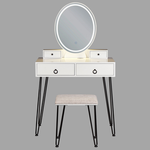 Toeletta con 4 cassetti specchio LED bianco e nero e sgabello camera da letto elegante