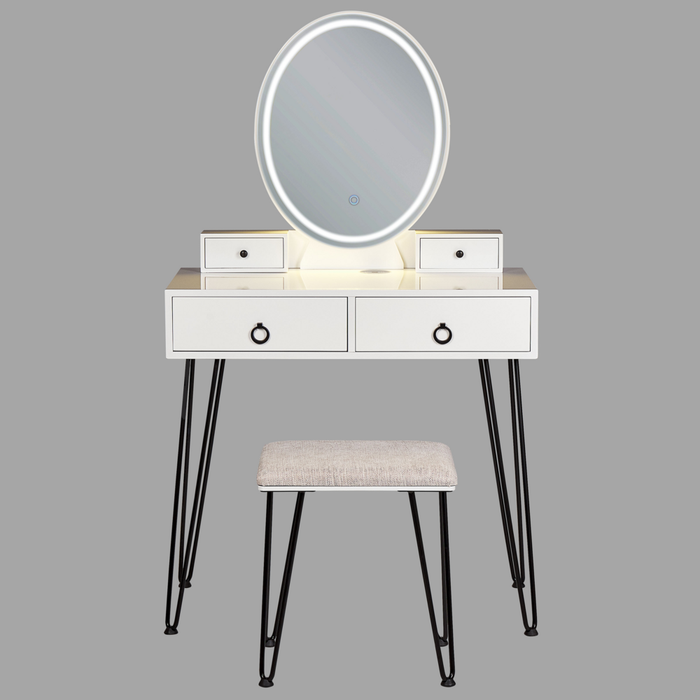 Toeletta con 4 cassetti specchio LED bianco e nero e sgabello camera da letto elegante