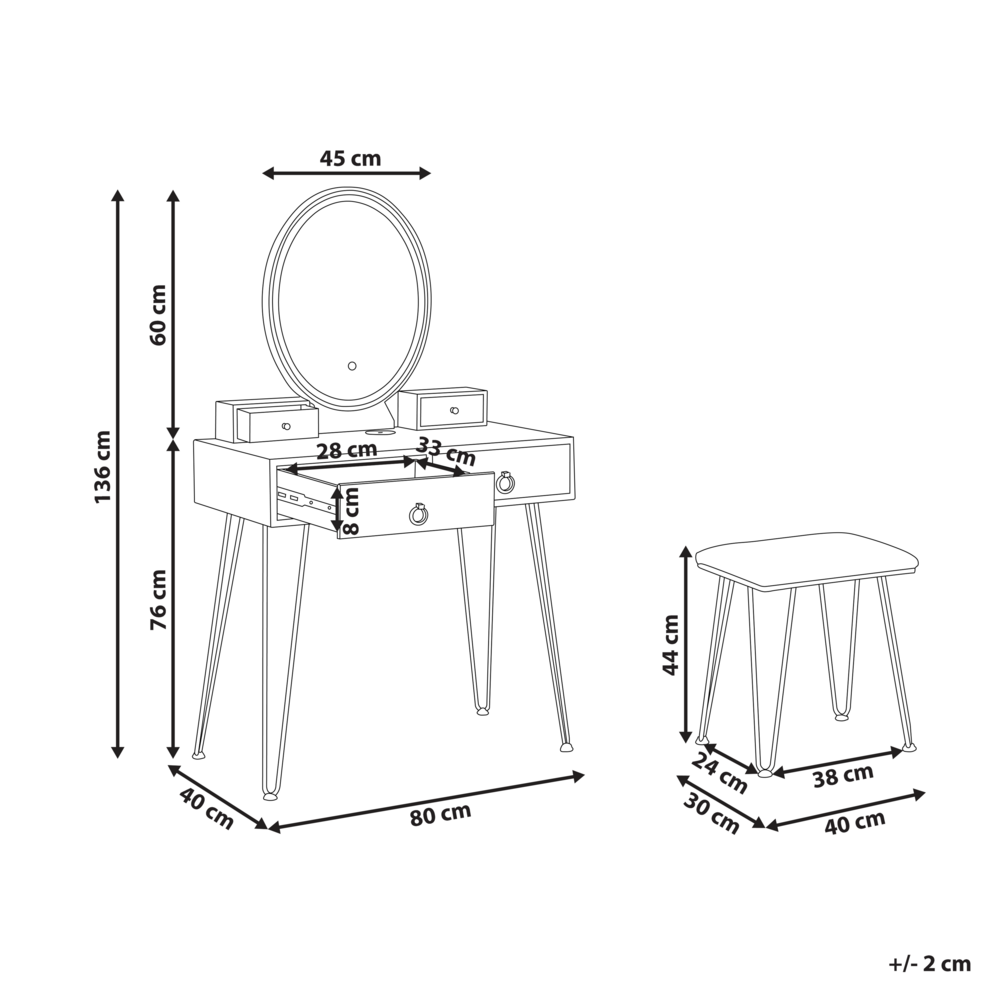 Toeletta con 4 cassetti specchio LED bianco e nero e sgabello camera da letto elegante