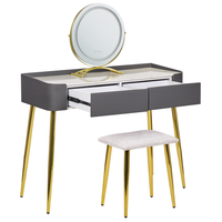 Toeletta con 2 cassetti specchio LED grigio e oro con sgabello camera da letto elegante