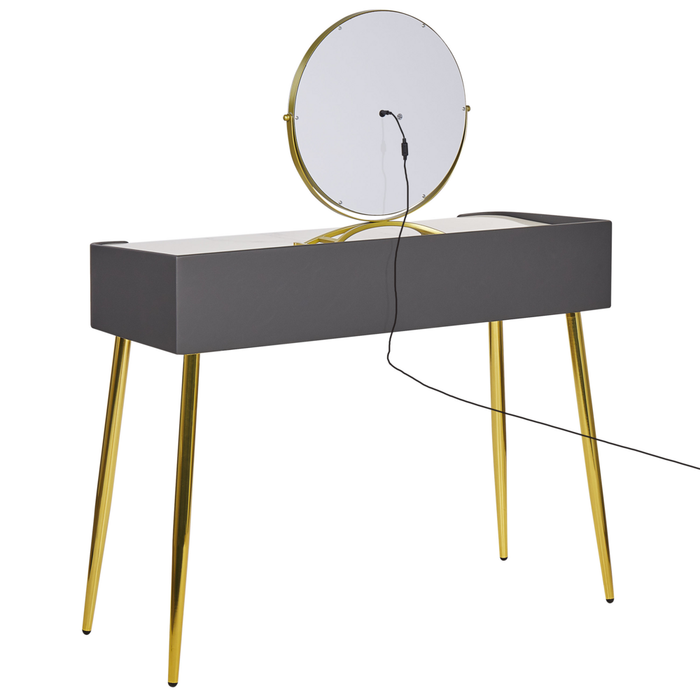 Toeletta con 2 cassetti specchio LED grigio e oro con sgabello camera da letto elegante