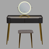 Toeletta con 2 cassetti specchio LED grigio e oro con sgabello camera da letto elegante