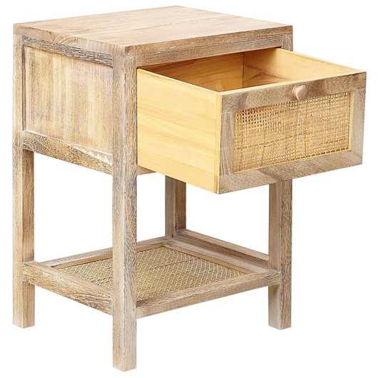Comodino 1 cassetto con ripiano basso rattan e legno chiaro 35 x 29 cm boho camera da letto salone
