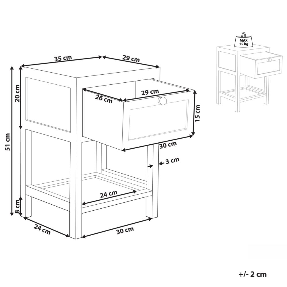 Comodino 1 cassetto con ripiano basso rattan e legno chiaro 35 x 29 cm boho camera da letto salone