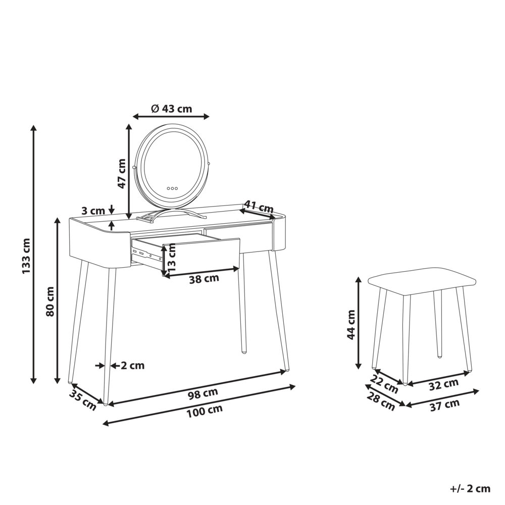 Toeletta con 2 cassetti specchio LED grigio e oro con sgabello camera da letto elegante