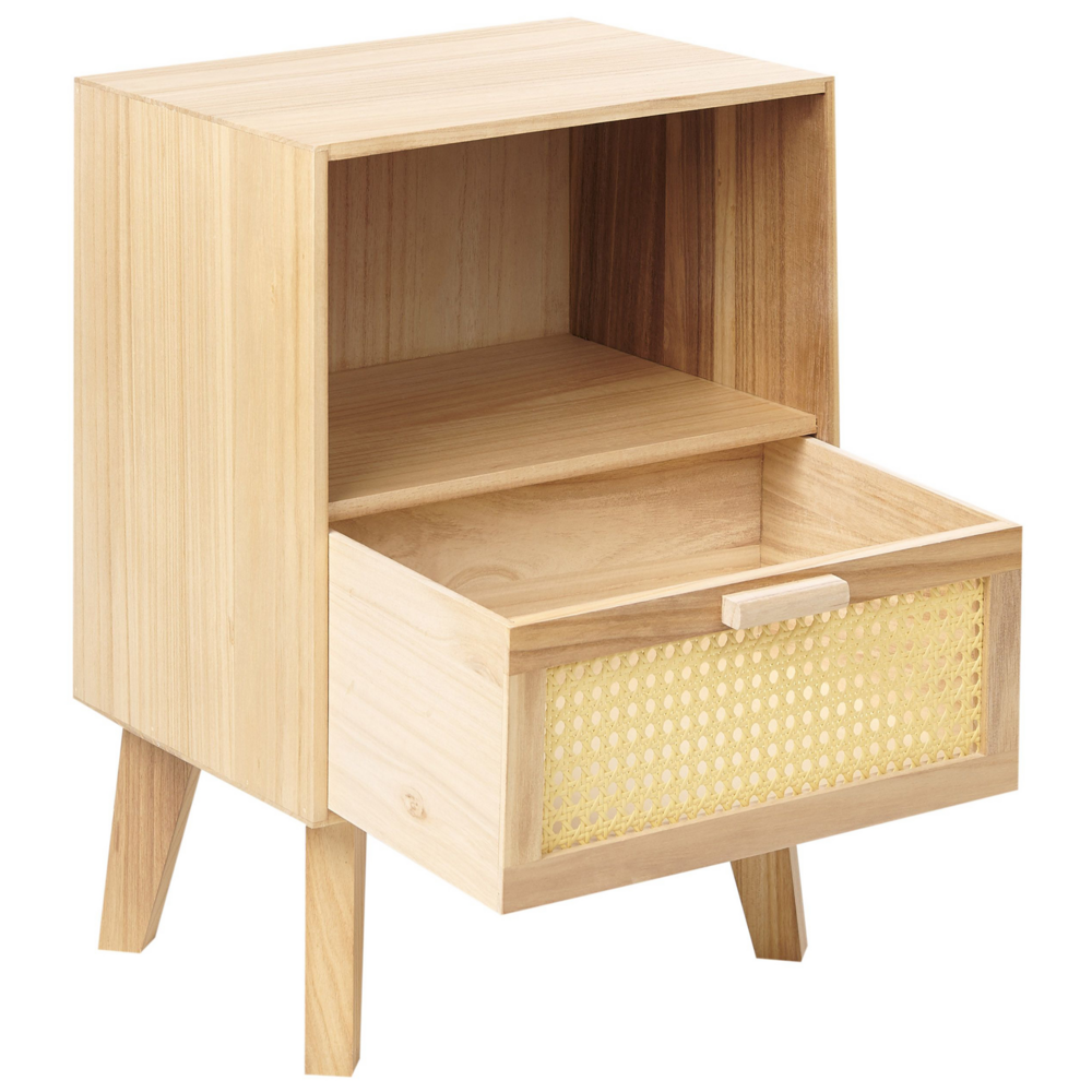 Comodino 1 cassetto con ripiano rattan e legno chiaro 40 x 30 cm boho camera da letto salone