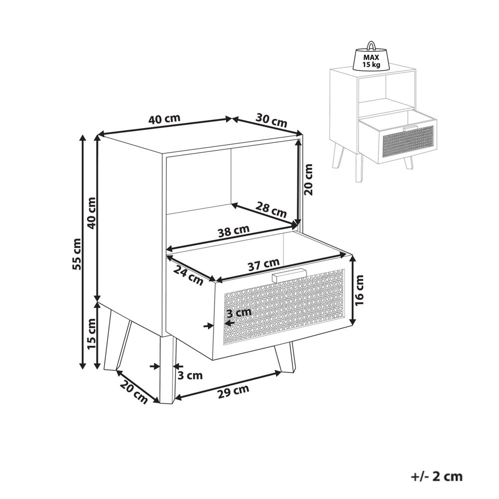 Comodino 1 cassetto con ripiano rattan e legno chiaro 40 x 30 cm boho camera da letto salone