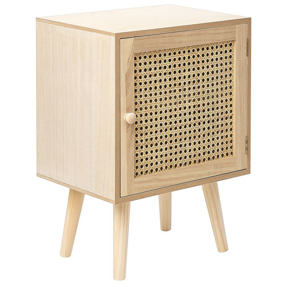 Comodino impiallacciato MDF Paulownia chiaro con cassetto frontale in rattan Comodino in stile Boho