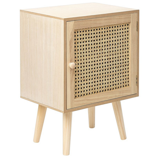 Comodino impiallacciato MDF Paulownia chiaro con cassetto frontale in rattan Comodino in stile Boho
