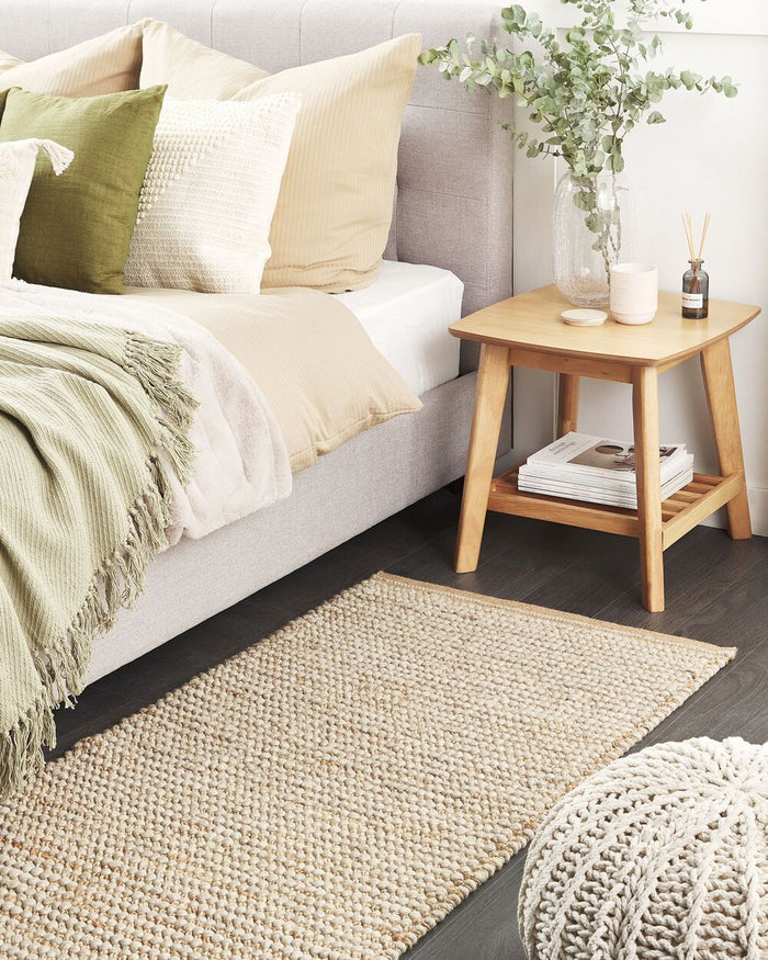 Tappeto moderno in lana intrecciata a mano 80 x 150 cm beige salotto camera da letto accessorio