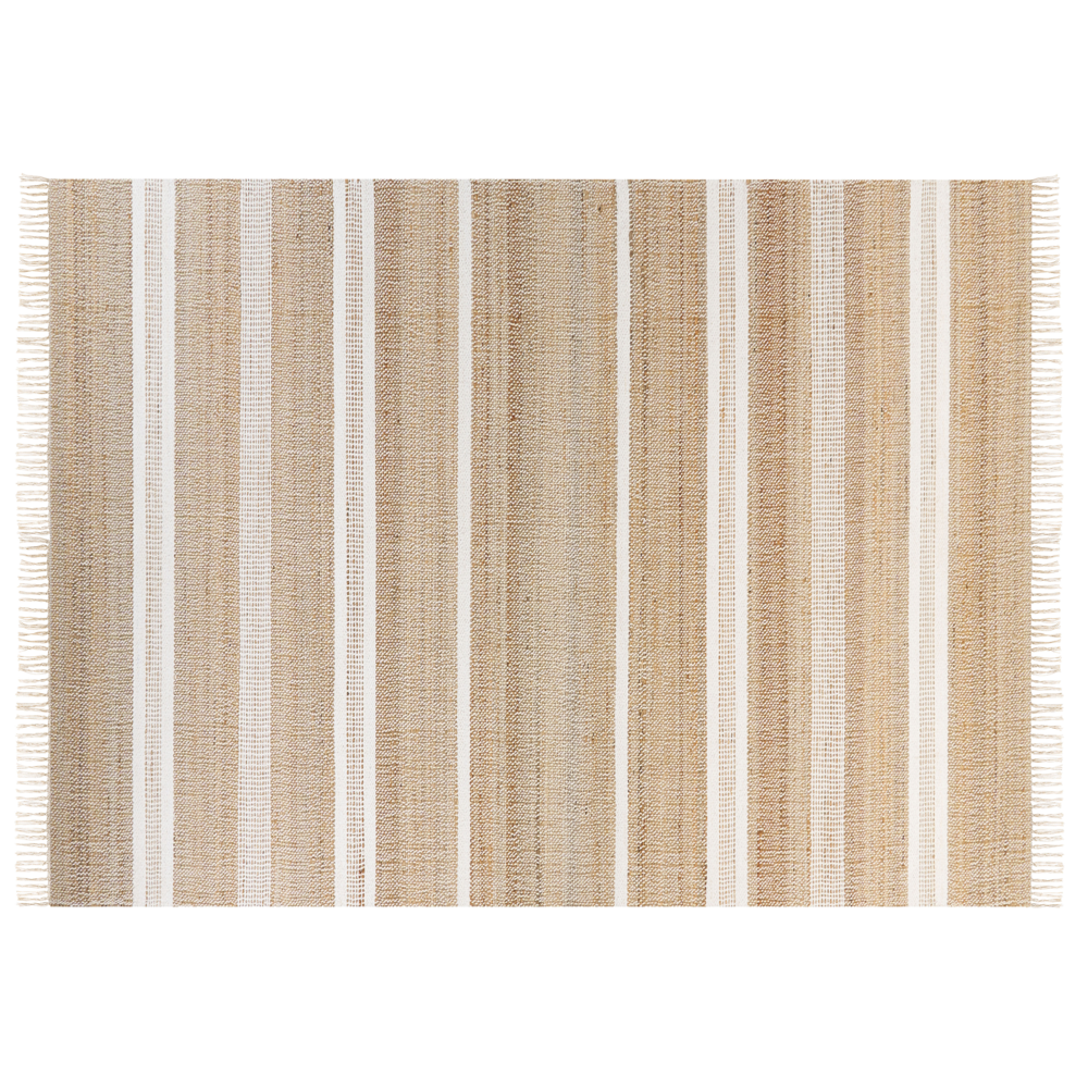 Tappeto in iuta beige e bianco con motivo a righe e nappe 160 x 230 cm soggiorno camera da letto stile boho