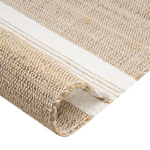 Tappeto in iuta beige e bianco con motivo a righe e nappe 160 x 230 cm soggiorno camera da letto stile boho