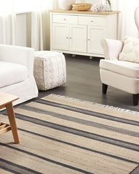 Tappeto in iuta beige e grigio con motivo a righe e nappe 160 x 230 cm soggiorno camera da letto stile boho