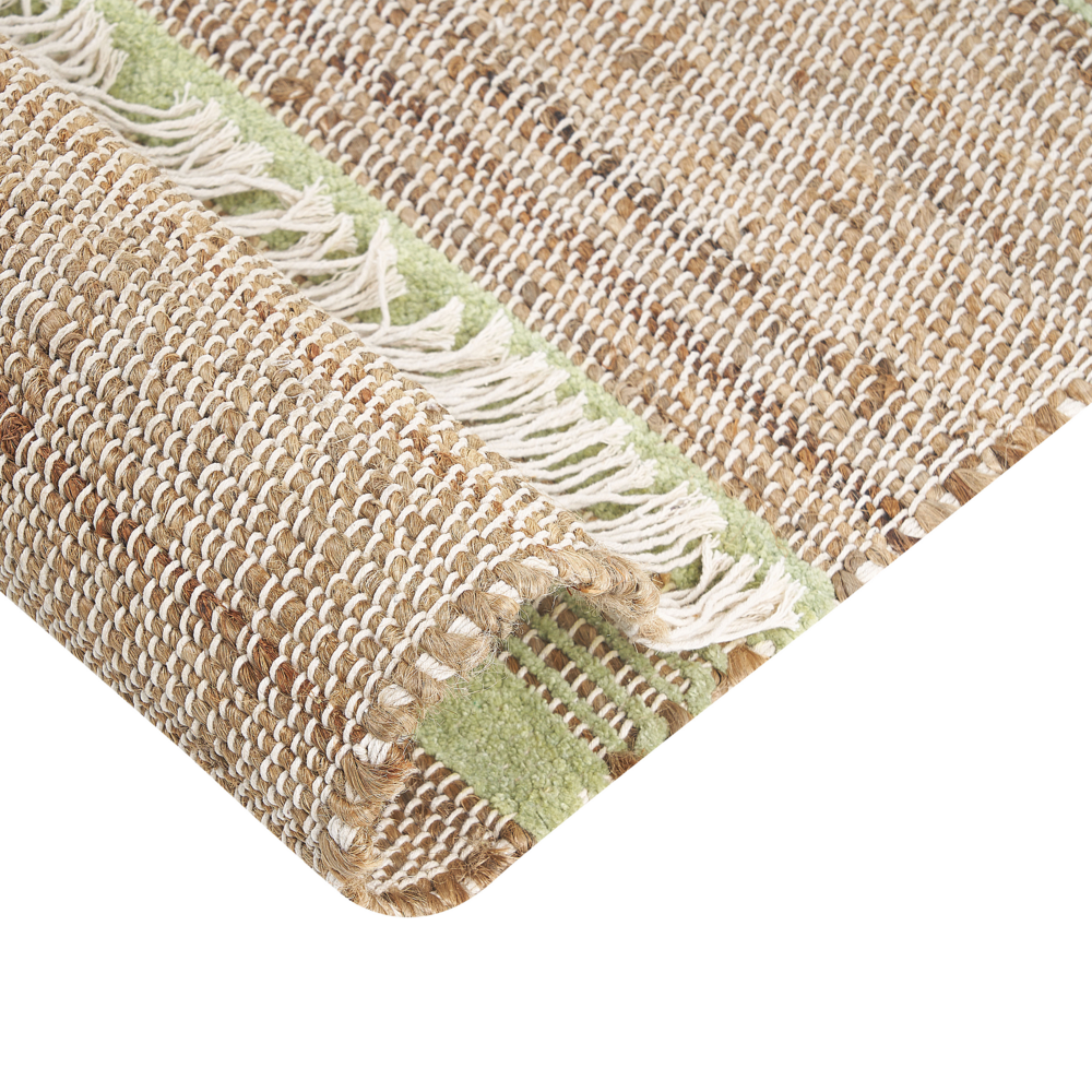 Tappeto in iuta beige e verde chiaro con motivo a righe e nappe 80 x 300 cm soggiorno camera da letto stile boho
