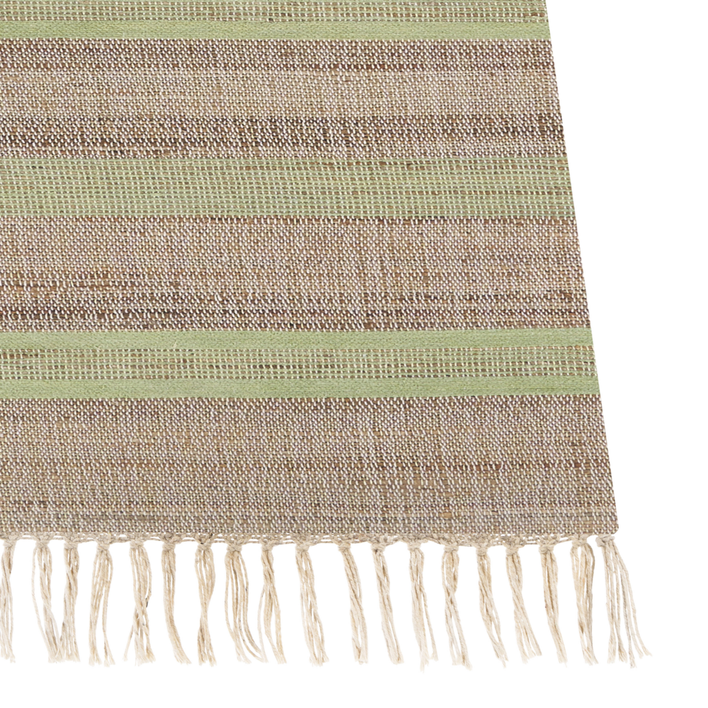 Tappeto in iuta beige e verde chiaro con motivo a righe e nappe 160 x 230 cm soggiorno camera da letto stile boho
