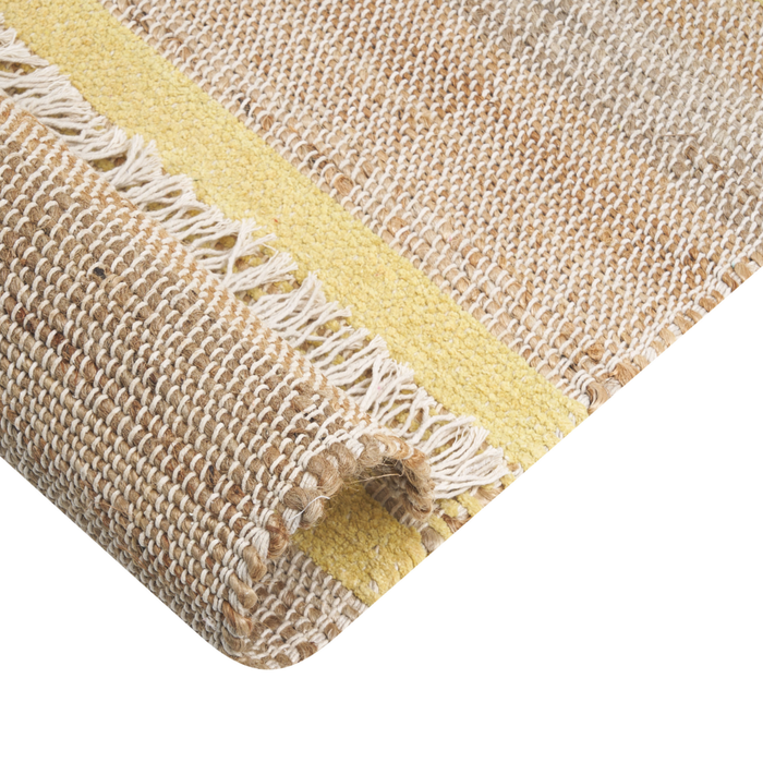 Tappeto in iuta beige e giallo con motivo a righe e nappe 160 x 230 cm soggiorno camera da letto stile boho