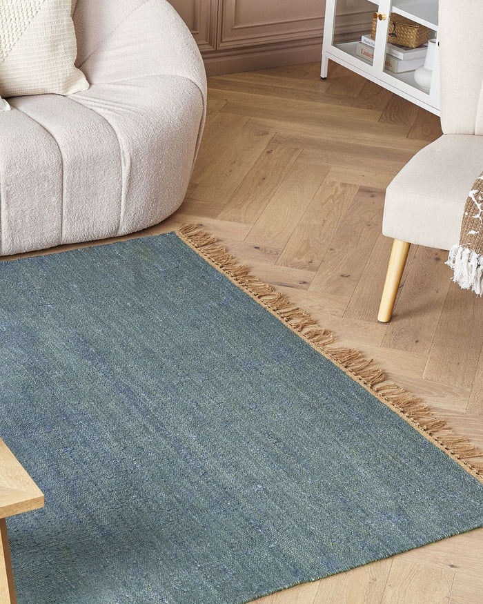 Tappeto in iuta blu 160 x 230 cm tessuto a mano con frange in stile boho per la sala della camera da letto
