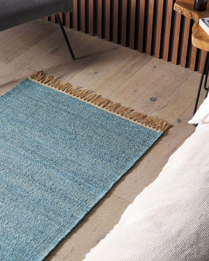 Tappeto in juta blu 80 x 150 cm tessuto a mano con frange in stile boho per l'ingresso della camera da letto
